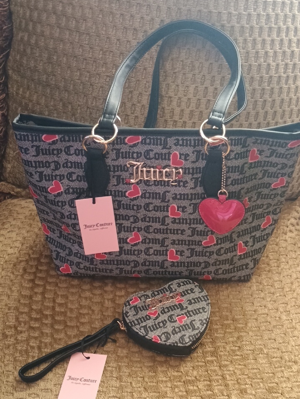 Juicy Couture Gray Tote with Pink Heart Accents and Matching Heart Wristlet